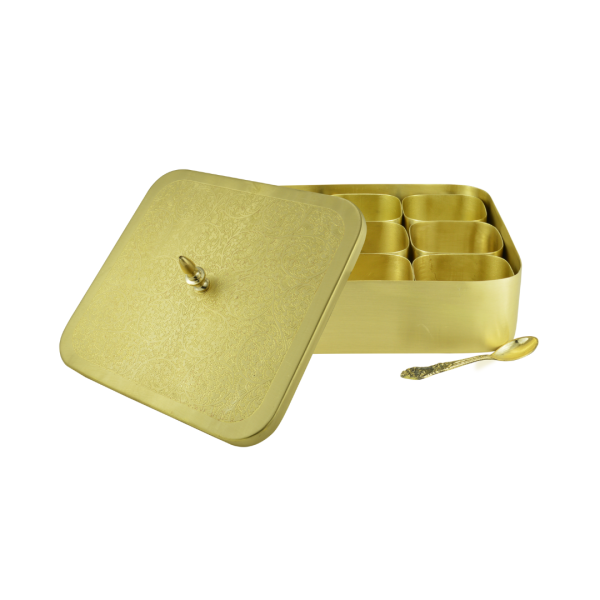 Drvedic Brass Square Masala Dabba (Carving)